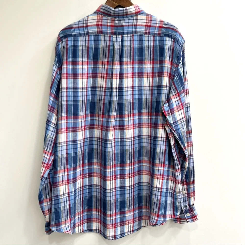 Polo Ralph Lauren 100% Linen Men’s Blue Red Plaid Long Sleeve Button Down XXL